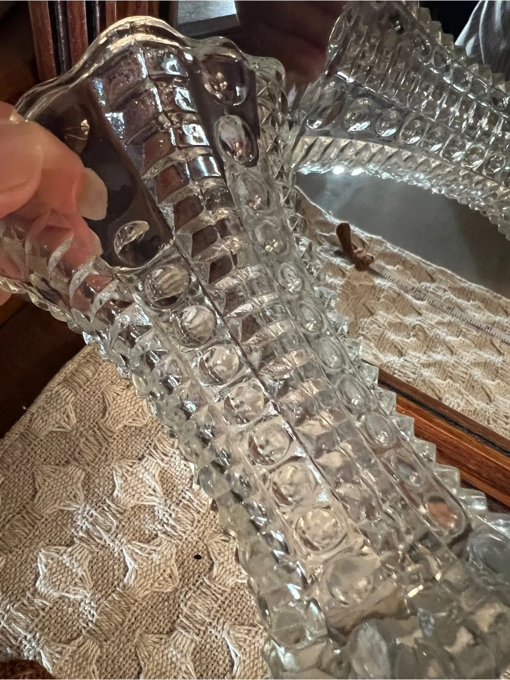 INDIANA GLASS Vintage Mayflower Pattern Bubble & Bar Textured Vase Approx 5 In.